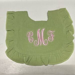 Olive Green Ruffled Bib with Pink Monogram